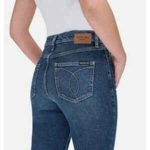 CALVIN KLEIN High Rise‎ Straight Leg Jeans Sz 12 Dark Blue Ankle Crop Denim NWT